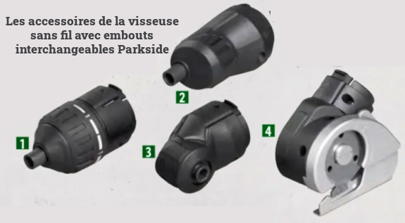 Accessoires fournis avec la visseuse sans fil avec embouts interchangeables Lidl Parkside 