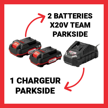 Pack 2 batteries et chargeur inclus avec la perceuse-visseuse sans fil Parkside