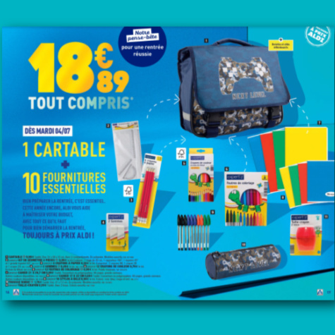 Aldi cartable et 10 fournitures essentielles 18,89 tout compris