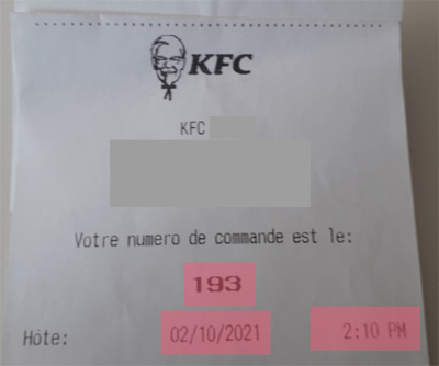 Position de la date, de l'heure et du numro de ticket KFC