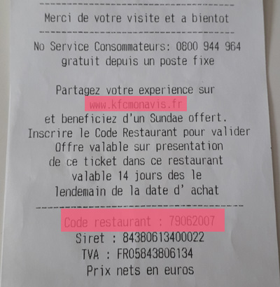 Code Restaurant KFC pour donner son avis et avoir un cadeau