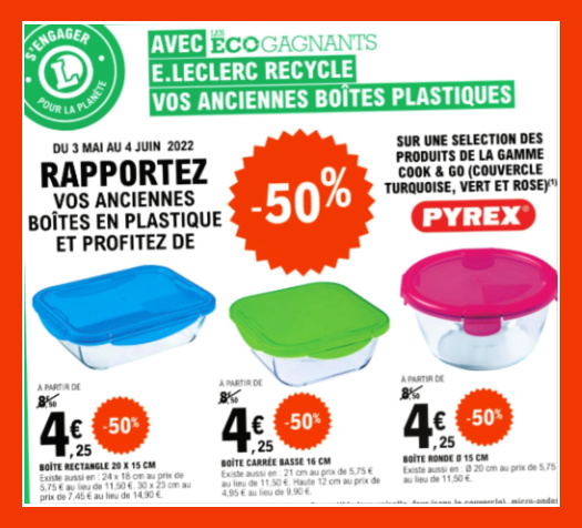 Reprise anciennes boites en plastique chez Leclerc 50% de remise sur Pyrex