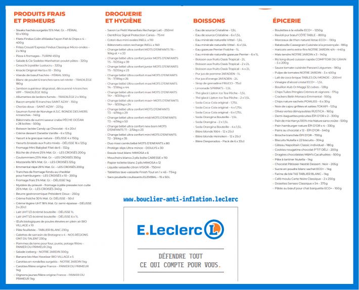 Liste des produits du bouclier anti inflation  Leclerc