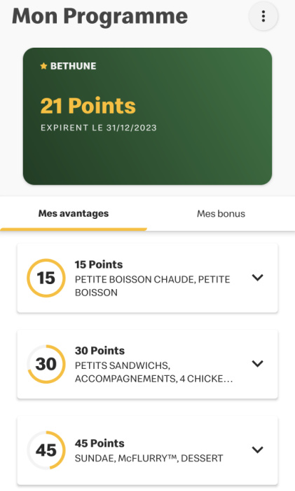 Voir les produits disponibles par points dans l'application McDo +