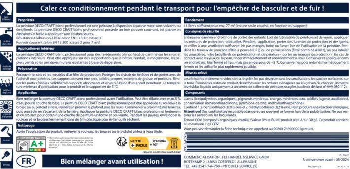 Informations et conseils d'utilisation peinture blanche blanc professionnel Aldi Dco Craft (vu sur le pot de peinture)