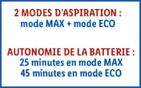Mode d'utilisation et autonomie de l'aspirateur
