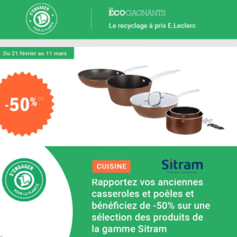 Offre reprise casserole Leclerc avec 50% Sitram