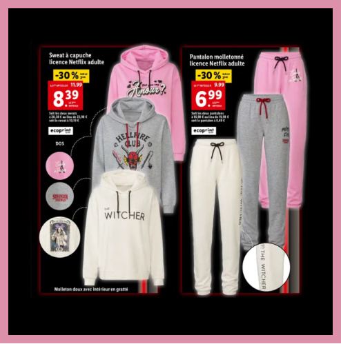 Lidl arrivage sweat et pantalons femme Netflix Stranger Things Lupin Emily in paris