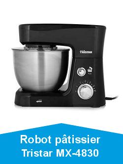 Robot pâtissier Tristar MX-4830 noir - 3,5 L - 700 W - 6 vitesses & fonction Pulse - Batteur, fouet et pétrin