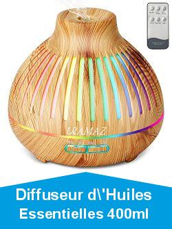 Diffuseur d\'Huiles Essentielles 400ml URAMAZ Humidificateur Ultrasonique, Diffuseur d\'Aromathrapie avec Tlcommande 4 Minuteries 7 Couleurs Lumires LED 20dB pour Chambre, Bureau, Yoga et Maison